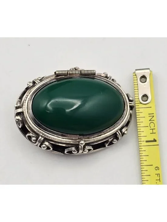 Vintage Taxco Sterling Silver Green Onyx Locket Brooch Mexico Eagle Mark 1 - Picture 10 of 13